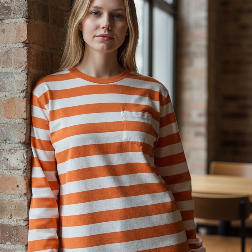 Womens Lands End Orange White Striped Long Sleeve Shirt Cotton Pocket Large